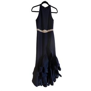 Betsy & Adam Navy Ruffle Gem Dress with added rhinestone  appliqué